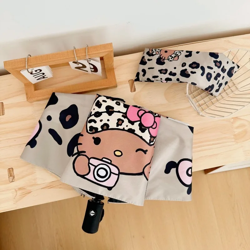 Sanrio Hello Kitty Leopard Print Fully Automatic Tri-fold Umbrella Summer Outdoor Travel Sun Protection UV Parasol Umbrella