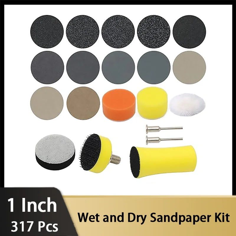 

1 Inch Wet and Dry Sandpaper Kit 317 Pcs with 1/8" Shank Backing Pad and Soft Foam Interface Pad Assorted 60-10000 Grit for Wood