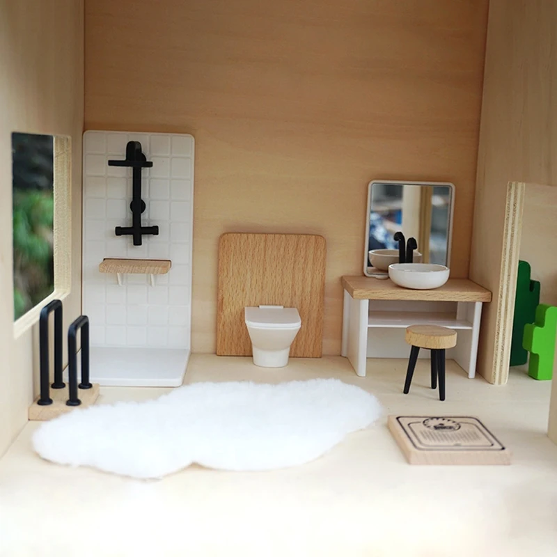Juego de baño en miniatura para casa de muñecas, ducha, inodoro, bañera, lavabo, muebles de tocador, decoración, juguete, accesorios para casa de muñecas, 1:12