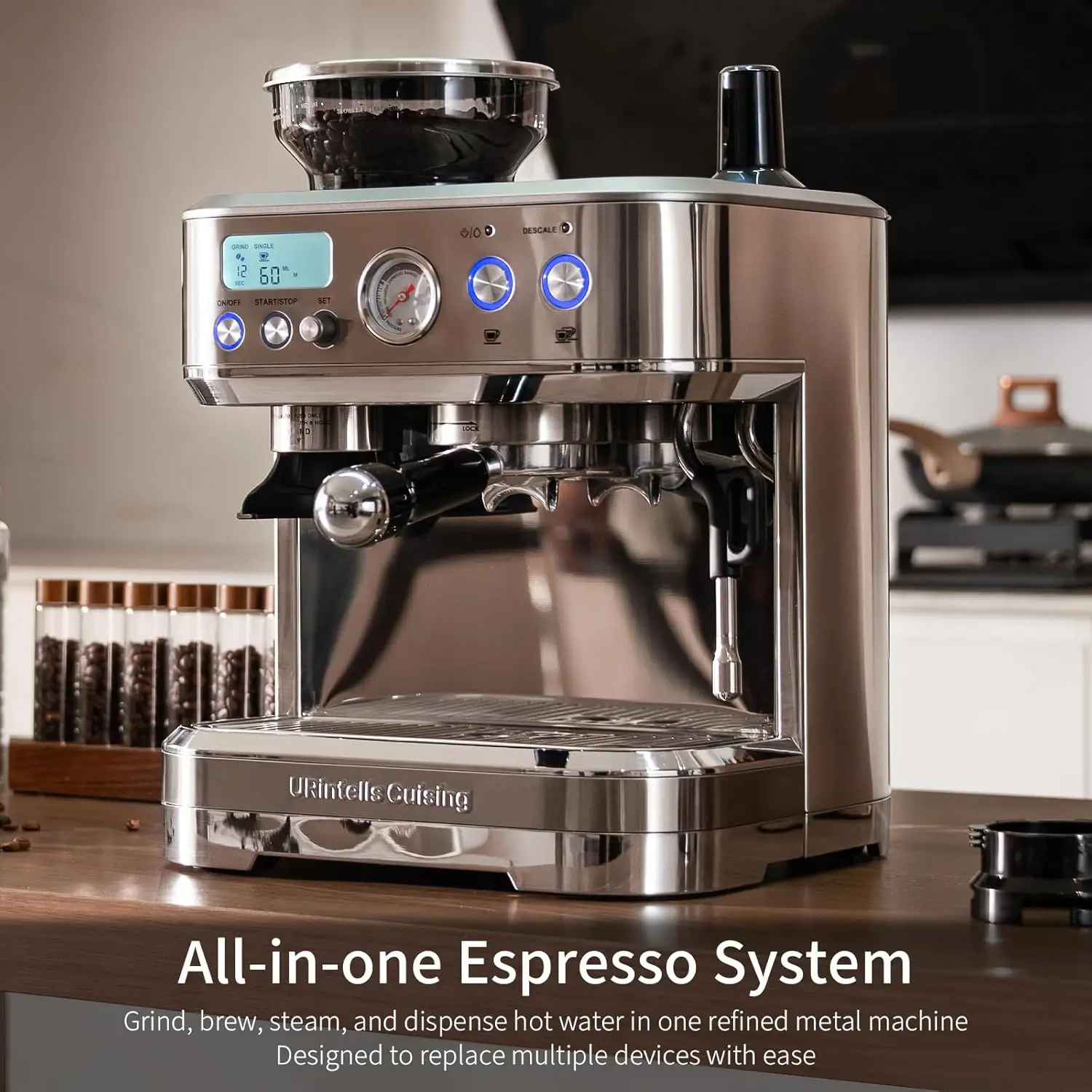 All-in-One Espresso & Coffee Machine with Built-In Grinder, PID Temperature Control, 15 Bar Italian ULKA Pump, Stainless Steel H