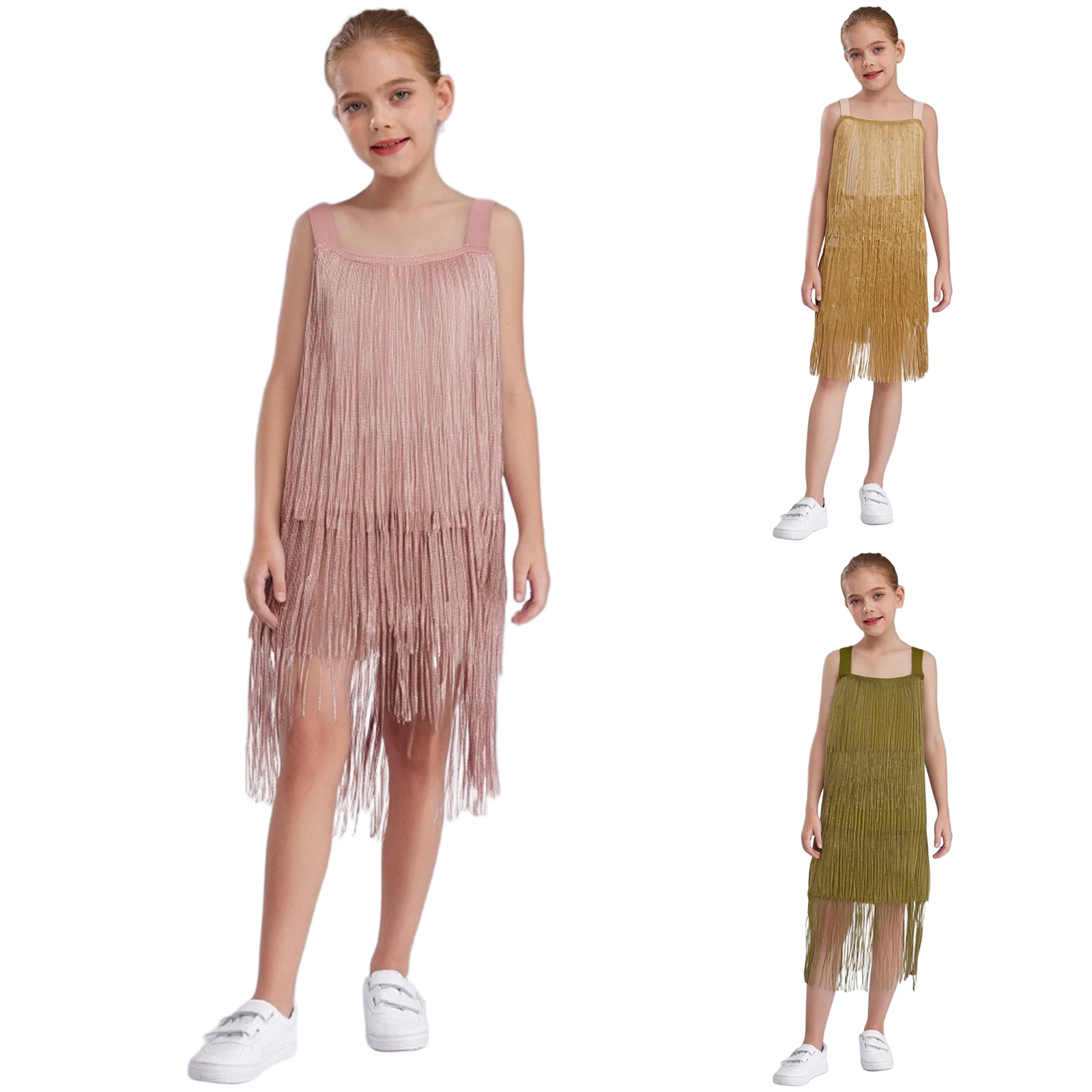

Baby Kids Girl’s Sequin Fringe Dress Sleeveless Tasseled Solid Summer Casual Dress Dance Outfits for Girls
