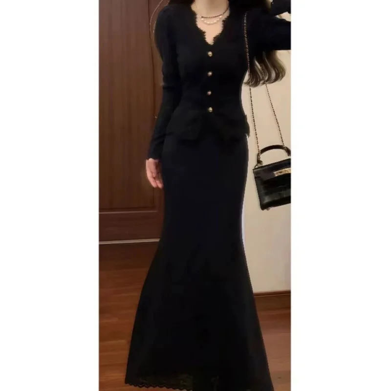 

Черный корейский женский зимний эластичный утолщенный кружевной топ и юбка «рыбий хвост» с высокой талией, комплект полуюбки