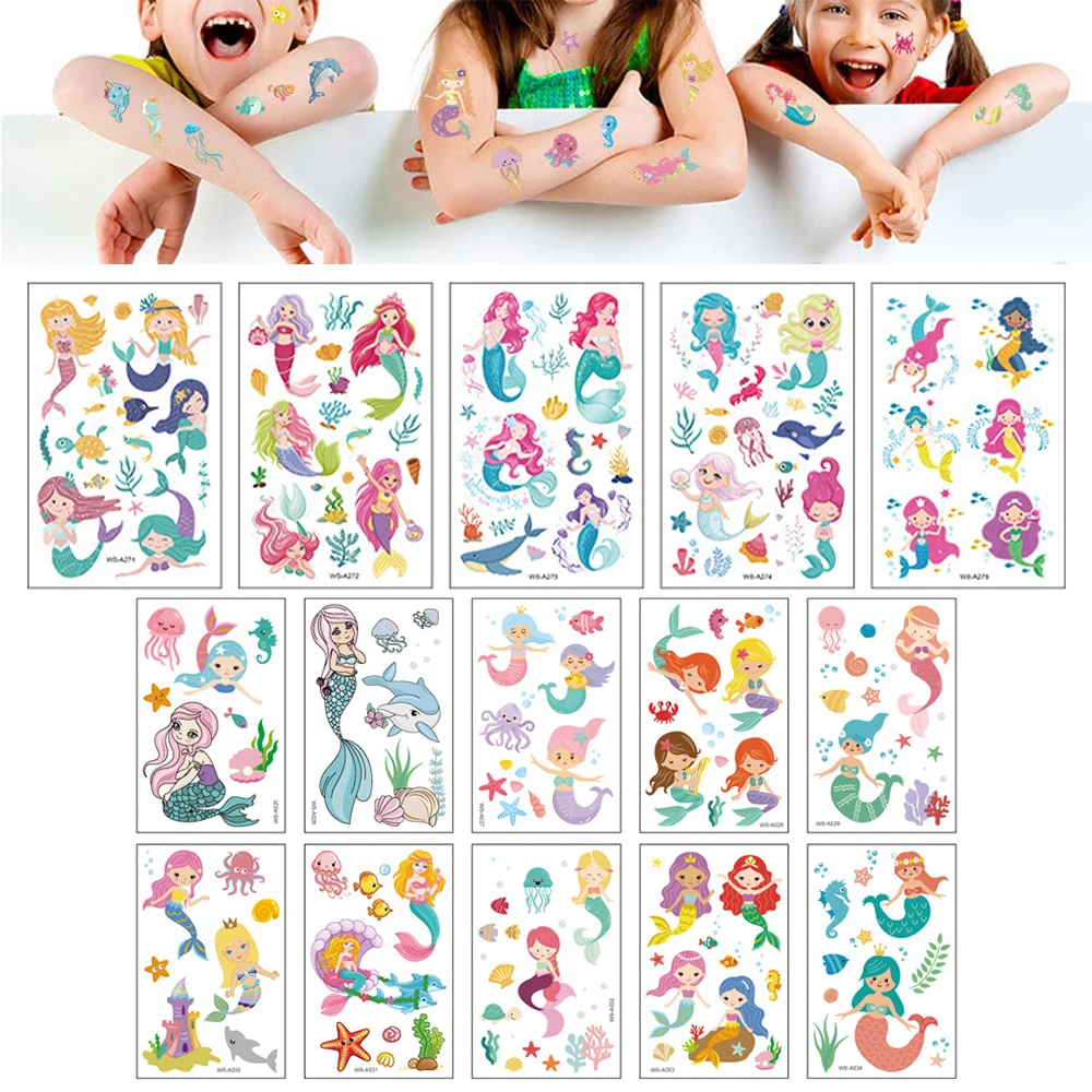 10Pcs Little Mermaid Party Temporary Tattoo for Kids Children Girls Birthday Party Fake Tattoo Favor Supplies Pinata Accessories