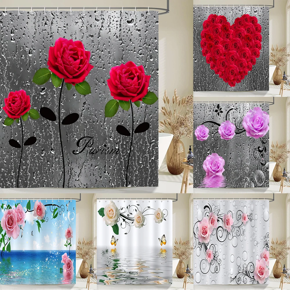 

Beautiful Flower Butterfly Art Fabric Shower Curtain,Rose Decor Bathroom Shower Curtains with Hooks,Waterproof Bathroom Curtains