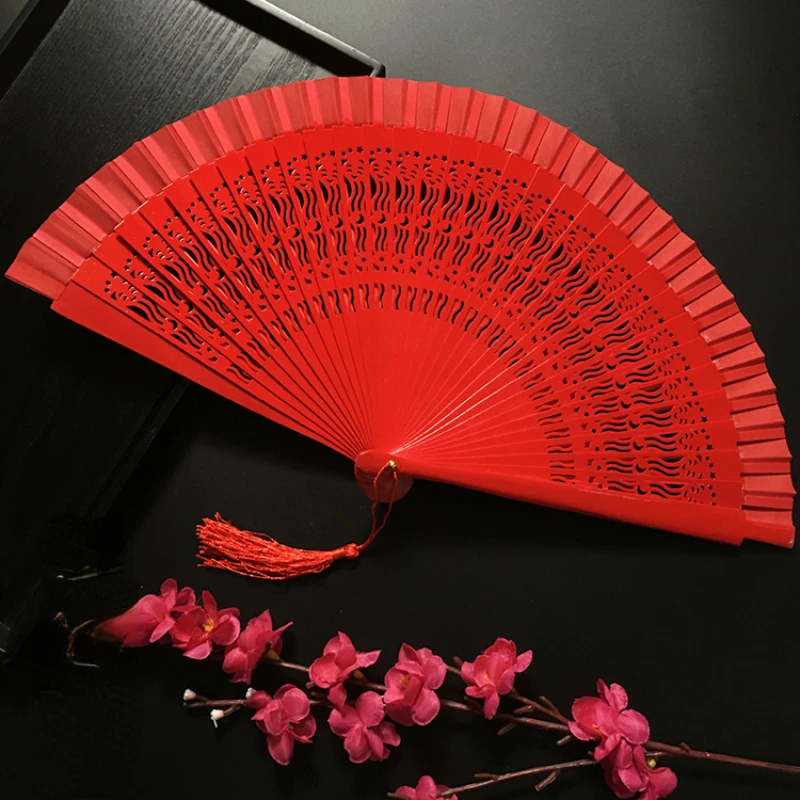 Wooden Fan Hand-Painted Ghatpot Silk Craft Fan Double-Sided Women's Folding Fan Paint 7-Inch 24cm Dancing Fan-Shaped Solid Color