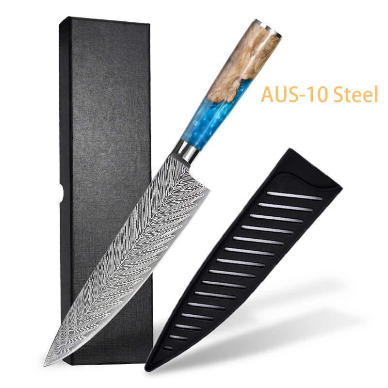 Chefs Cleaver Knife AUS10/ Germany 1.4116 Steel 19.5cm Blade Slicing Laser Pattern Kitchen Knives Resin & Stabilized Wood Handle