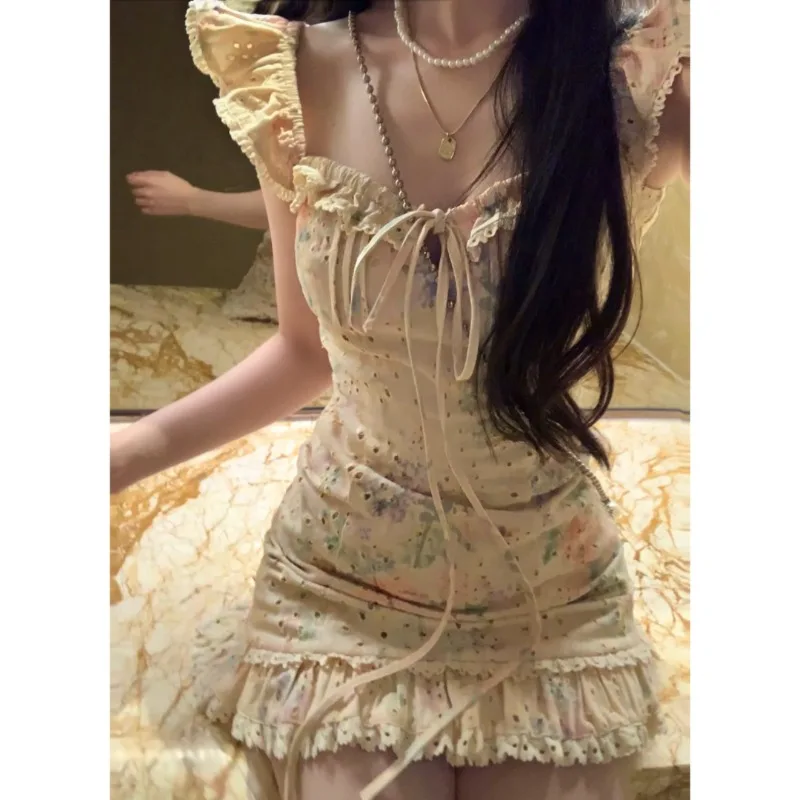 Kimotimo Sweet Print Birthday Dress Women French Ruffle Flying Sleeve Lace Up Waist A Line Mini Dresses Summer Fashion Vestidos