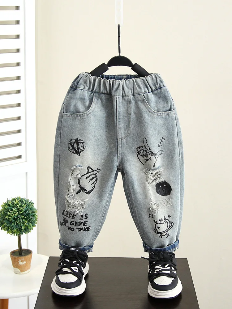 

Baby Boys Denim Pants Solid Color Baby Pants Jeans Casual Pants Spring Autumn Children's Jeans Kids Ripped Hole Trousers 2-10Yrs