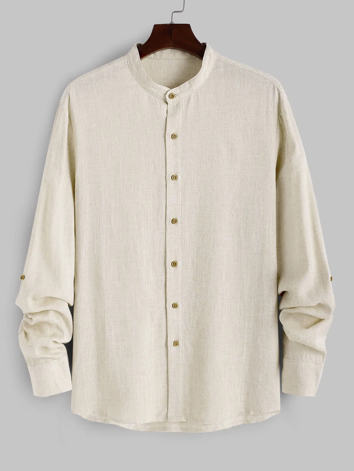 ZAFUL Men's Plain Color Button Front Stand Collar Long Sleeves Casual Linen Shirt