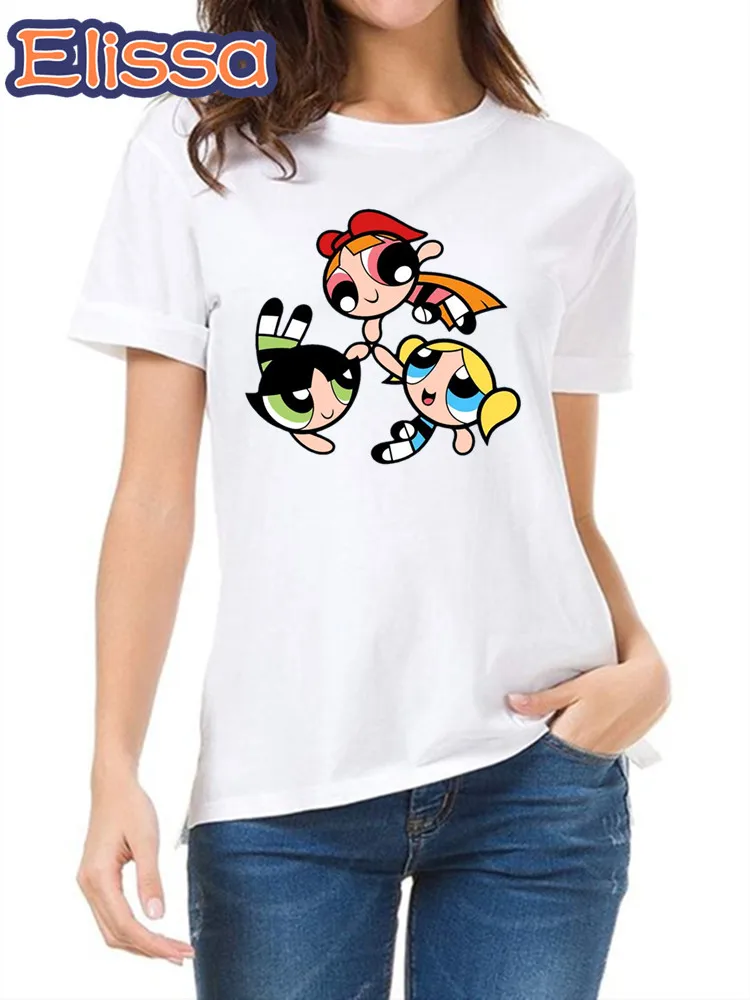 Anime Powerpuff Graphic Summer New 90 ’s Short Sleeve Print Clothing Women\'s T-Shirt Harajuku Clothing Women\'s Top,Drop Ship