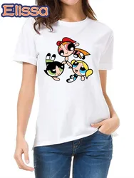 Anime Powerpuff grafik yaz yeni 90'ın kısa kollu baskı giyim kadın T-Shirt Harajuku giyim kadın üst, damla gemi