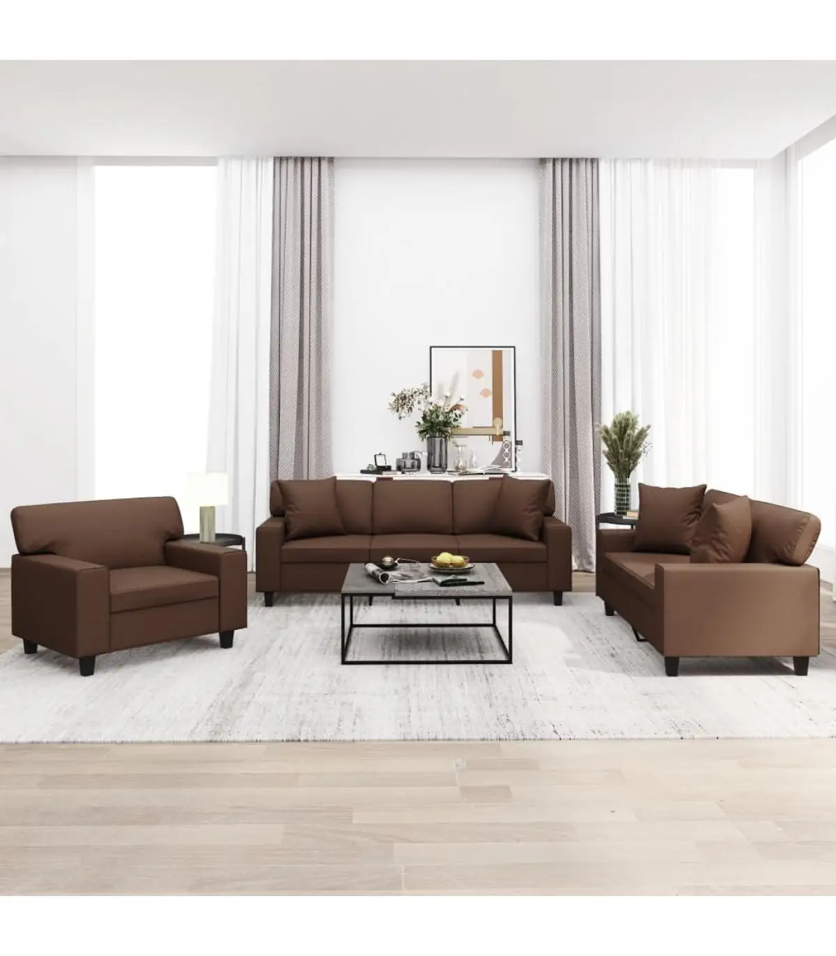 Sofas set of sofas with cushions 3 pieces Brown synthetic leather