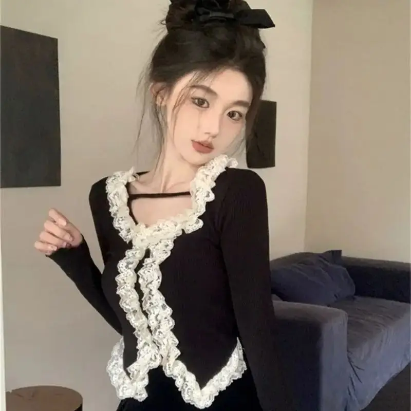 

Knitted Long-Sleeved T-Shirt Female Slim Chic Korean Lace Female Autumn Niche Design Joker Breathable Soft Fit Casual Top