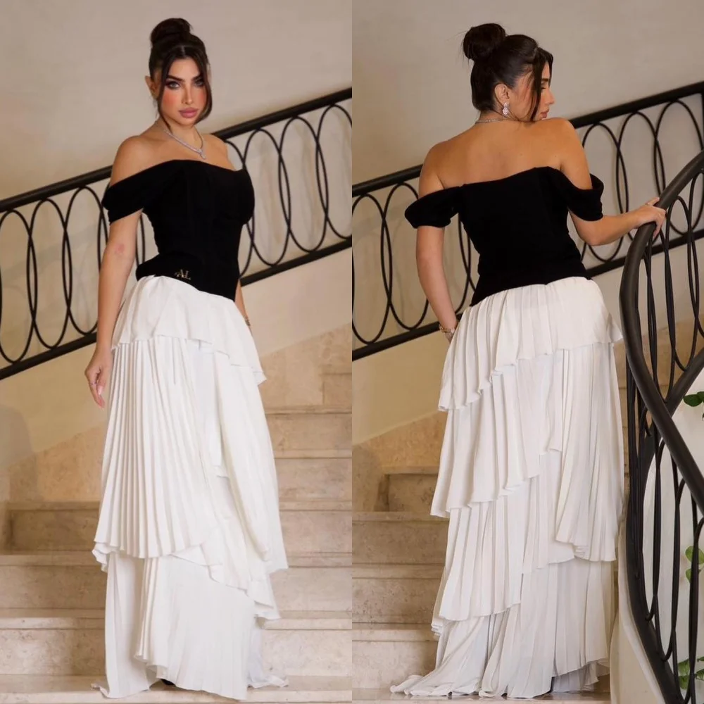 

Customized Exquisite Elegant Pleat Tiered Draped Ruched A-line Off-the-shoulder Midi Dresses Bespoke Occasion Dresses Exquisite