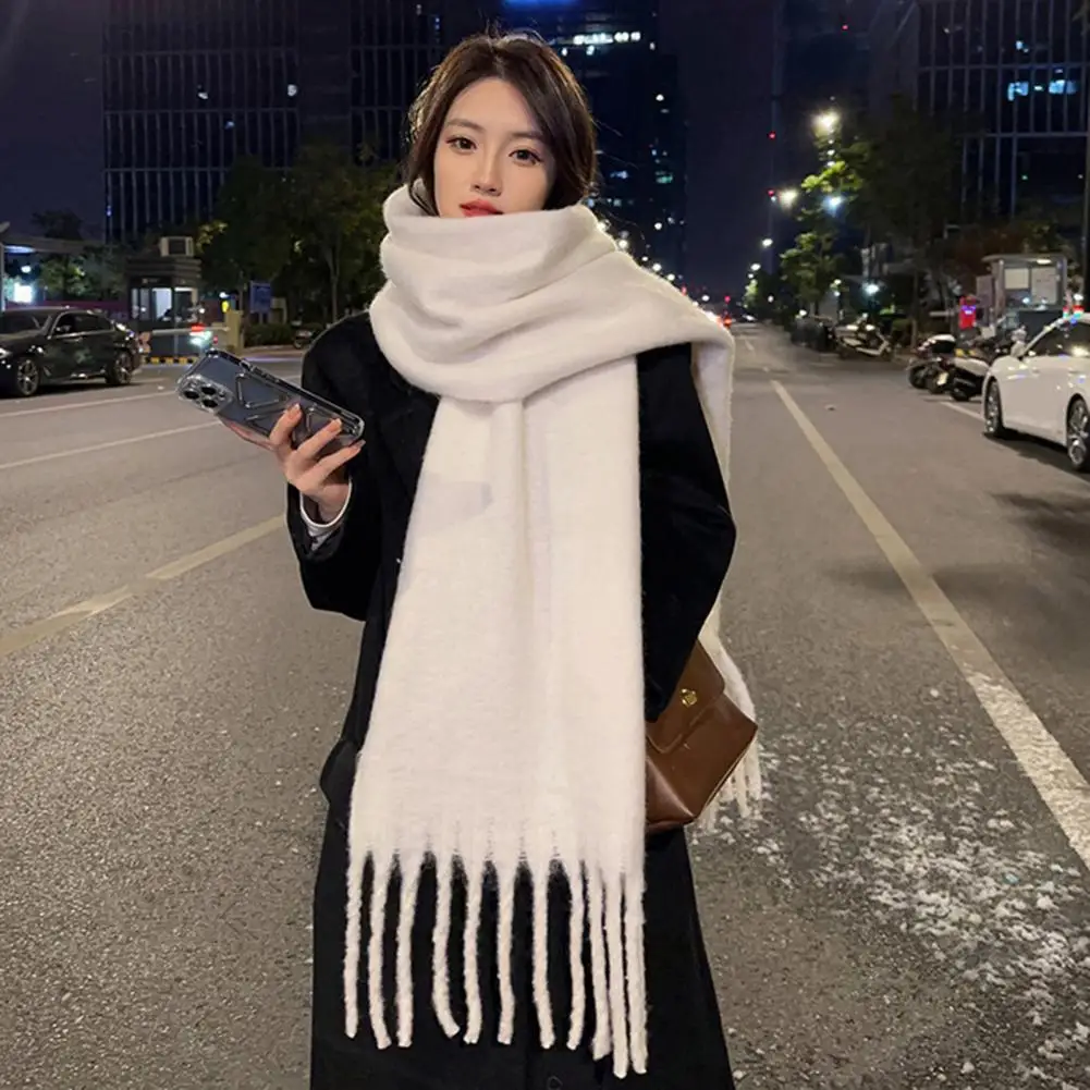 Women Winter Solid Color Scarf Tassel Trim Imitation Cashmere Thick Shawl Elegant Large Long Warm Scarf Fashion Accessories