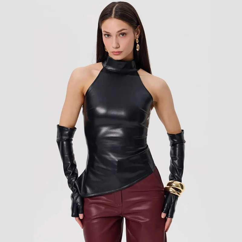 

Tornova PU Leather Off Shoulder Tanks Top for Women Irregular Sexy Sleeveles Vest Gloves Tops Slim Streetwear Club Party Camis