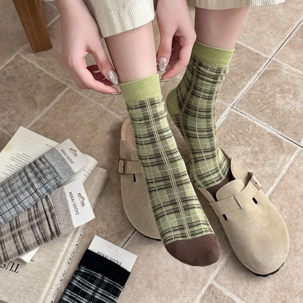 5 pairs Autumn and winter plaid women's socks stackable socks versatile Miu style Korean style round-toe seamless Japanese style