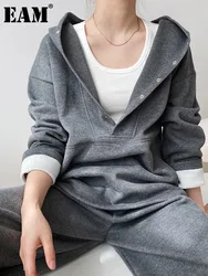 [EAM] Big Size Gray Sweatshirt Wide Leg Pants Two Piece Suit New Hooded Long Sleeve Women Fashion Tide Spring Autumn 2024