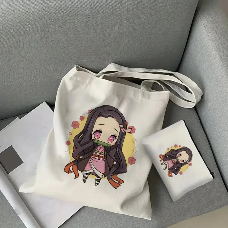 2pcs Demon Slayer Kamado Nezuko Tote Comic Retro Bag Set Fashion Canvas with Makeup Portable Shopping Bags Wallet Shoulder Bag