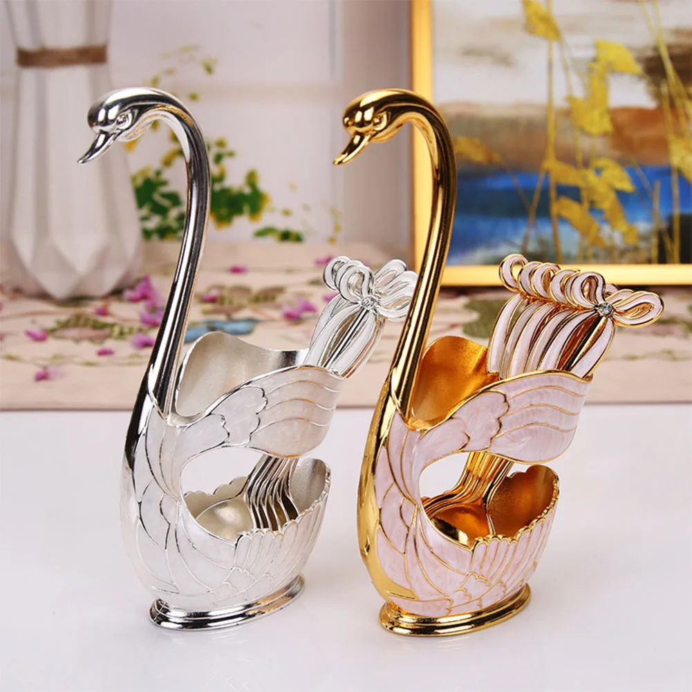 Coffee Spoon Stand Kit Coffee Dessert Spoon Set European Elegant Swan Fruit Scoop Holder Decorative Tableware Fruit Scoop