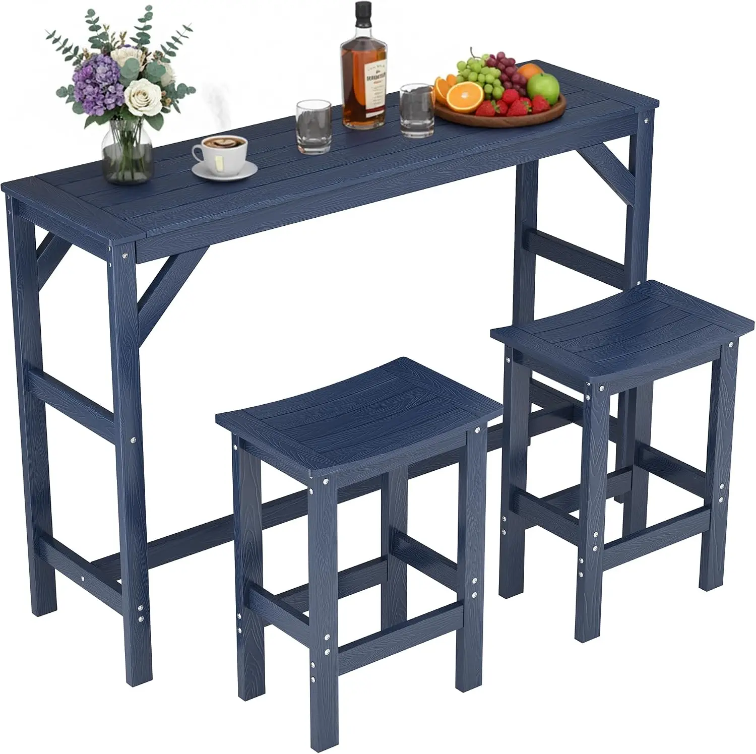 3 Pieces Poly Lumber Outdoor Patio Bar Set All Weather HIPS Bar Table Chairs 55 Inch Rectangular High Top Bar Stools Patio Pools