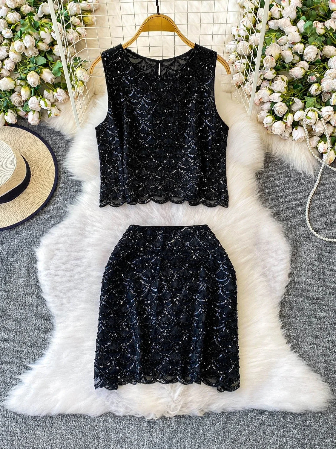 

Высококачественный круглый жилет Ne ort с блестками и бисером, топ с высокой талией, утягивающая юбка, комплект модных летних нарядов для женщин