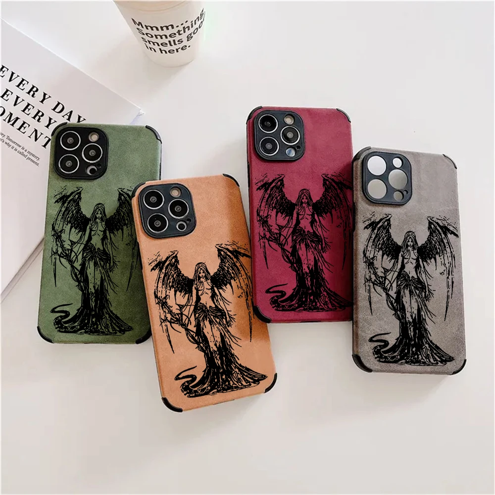 

Luxury suede Black Angel Death God leather Silicone Phone Case for iPhone 16 Pro Max 15 13 12 11 14 XS XR 7 8 Plus X Soft Cover