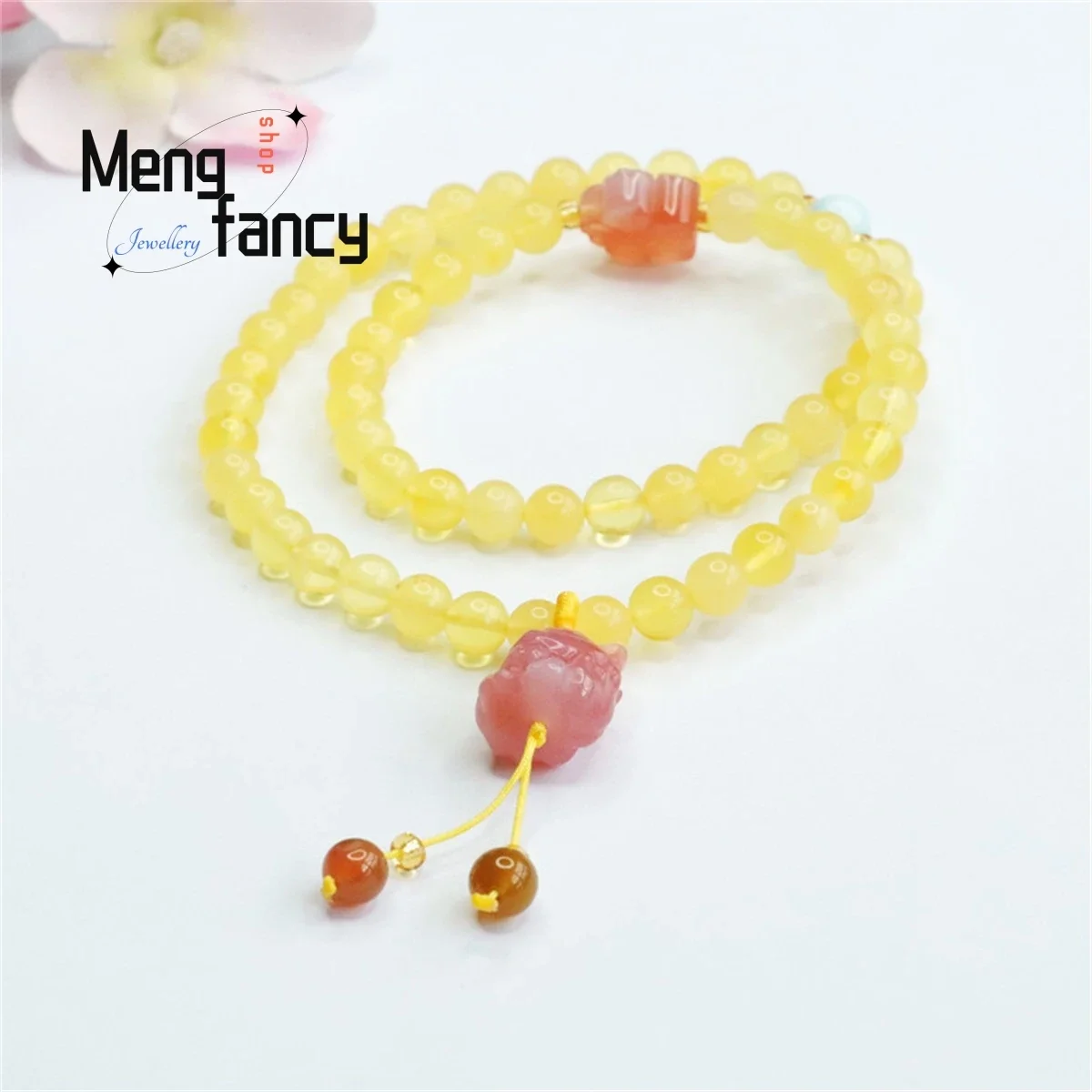 

Natural Honey Wax Yanyuan Agate Amber Peach Blossom Double Ring Fox Bracelet Simple Personality Retro Ethnic Men Women Fine Gift