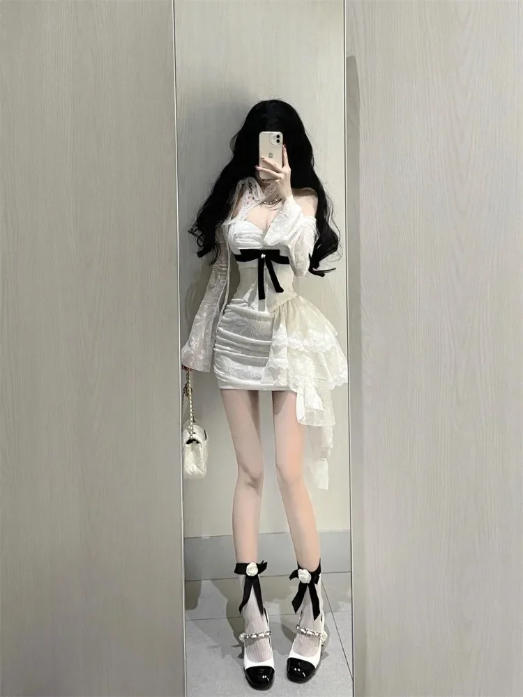 แฟชั่นหวานปิดไหล่ลูกไม้เสื้อแขนยาวMujerฤดูร้อนใหม่Vestidos De Mujer Y2k SlimเอวBodyconชุดผู้หญิง