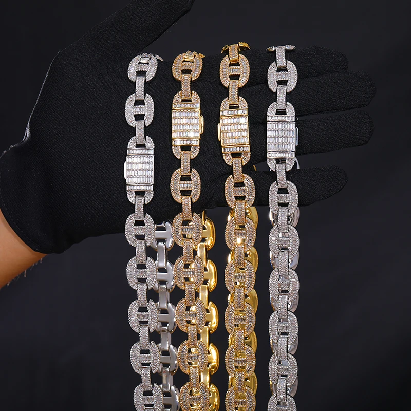 Luxury 16mm 14K 18K Gold Plated 925 Sterling Silver Baguette VVS Moissanite Diamond Iced Out Cuban Link Chain Necklace