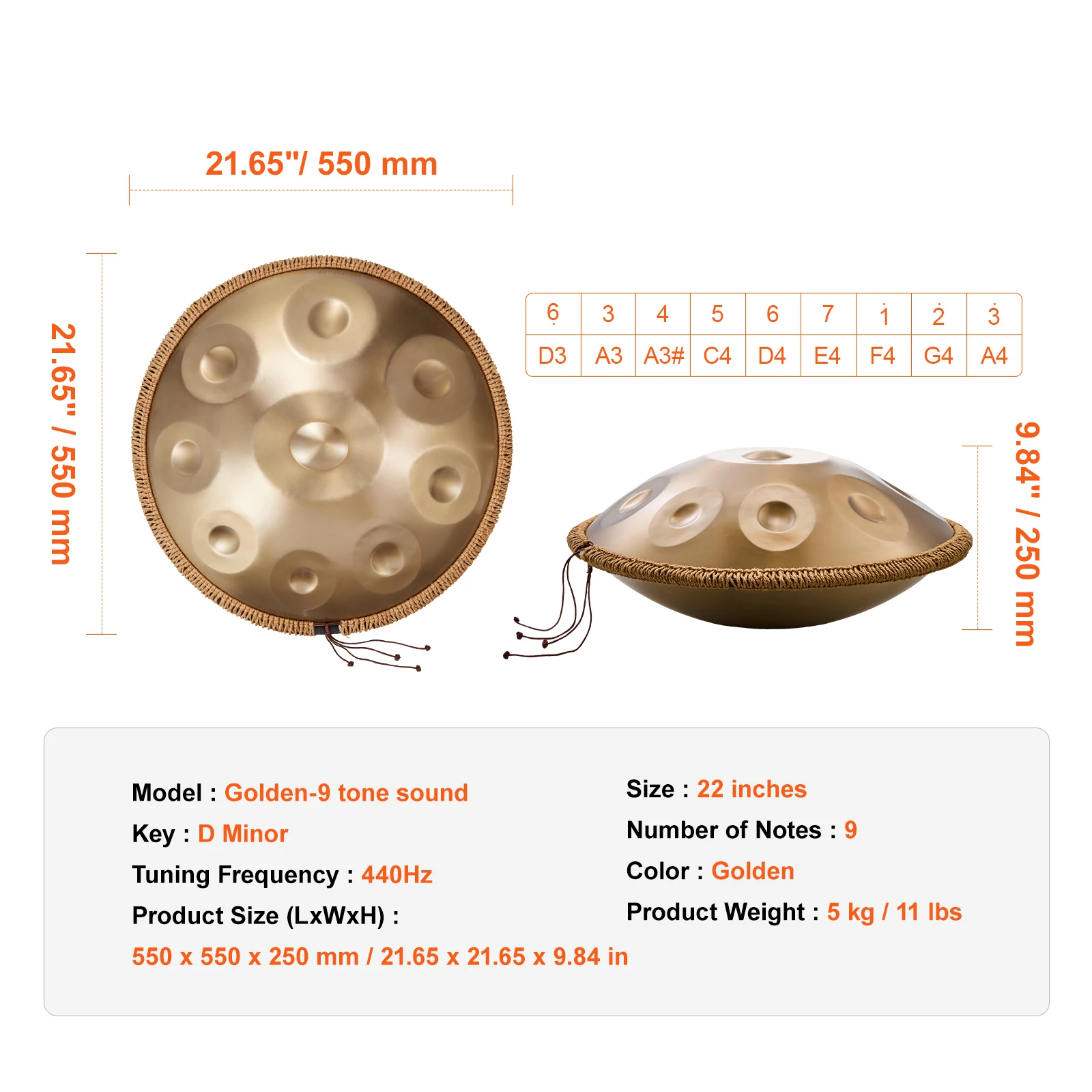 SucceBuy Handpan Drum22in D Minor Handtrommel Handpan Druminstrument met hamers Stalen genezing Geluidstrommel voor beginners - afbeelding 1