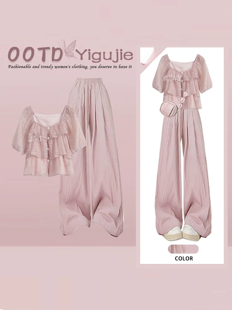 Sweet Blouse Bubble Sleeve Shirt Two Piece Set Women's Summer Slimming Casual Wide Leg Pants Pink Fashion Ensemble