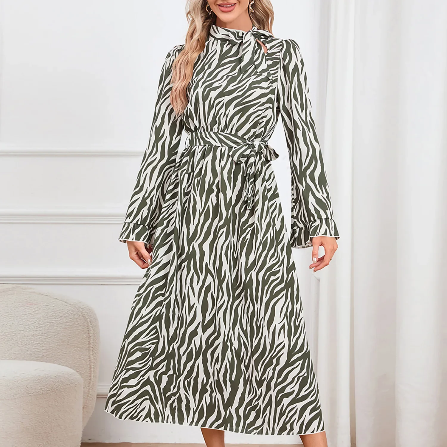 Vintage Striped Printed Tie Dress for Women Elegant Autumn Flared Sleeves Lace-up Midi Dresses Causl Loose Patchwork Vestidos