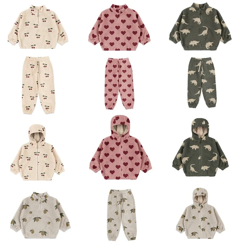 sets-kids-velvet-sweatshirt-and-pant-2025-winter-cherry-dinosaur-printed-velvet-hoodies-pullover-trousers-children's-clothing