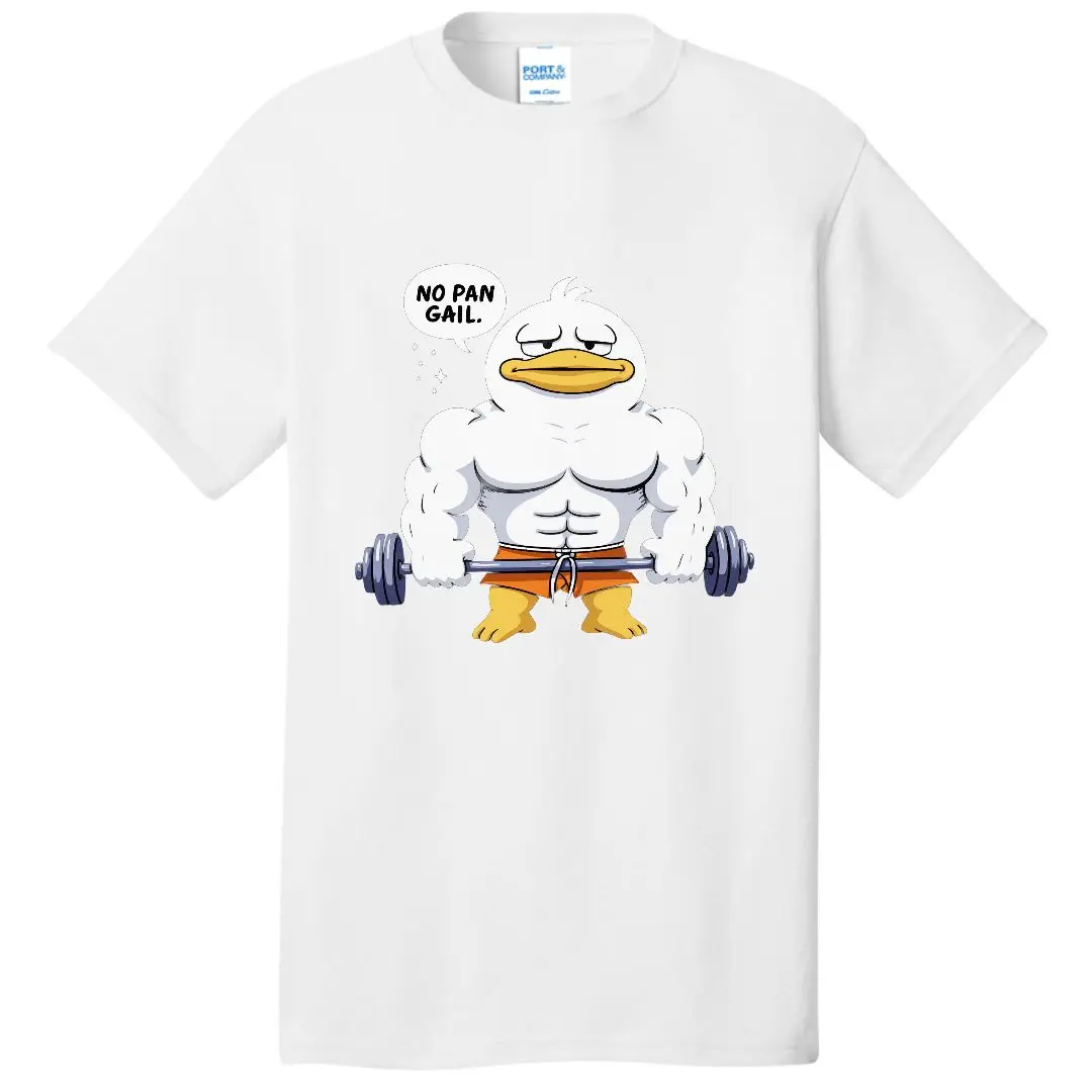 تي شيرت بطة بيضاء عضلية مع أقدام منقار برتقالي في شورت برتقالي يحمل الحديد NO PAN GAIL Speech Bubble Crew Neck - لعوب #4