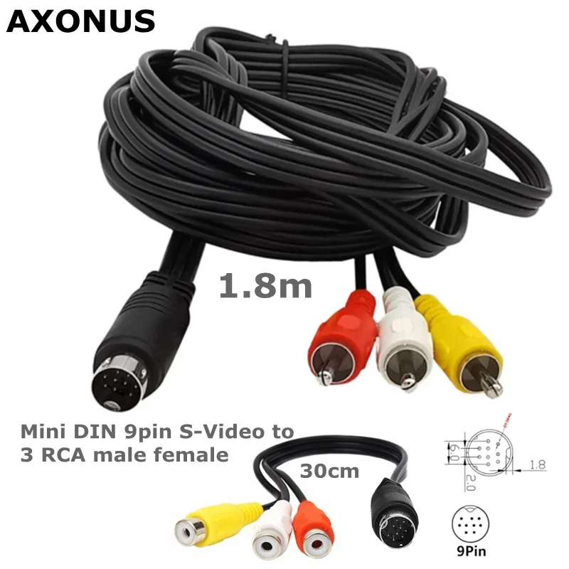 Mini DIN 9pin S-Video to 3 RCA male female Adapter Cable for RGB TV HDTV Audio Video AV Cable 1.8M