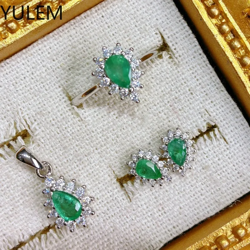 Natural Emerald Jewelry Set 925 Sterling Silver Pear Cut Gemstone Ring Earrings Pendant Fine Jewelry for Women Wedding  Gift