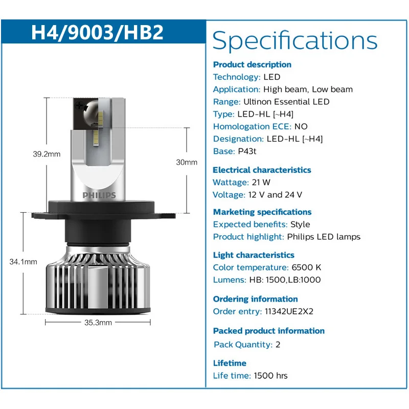 Philips Ultinon Essential G2 LED H4 Car Headlight  Auto Retrofit High Low Beam 6500K White Lamps