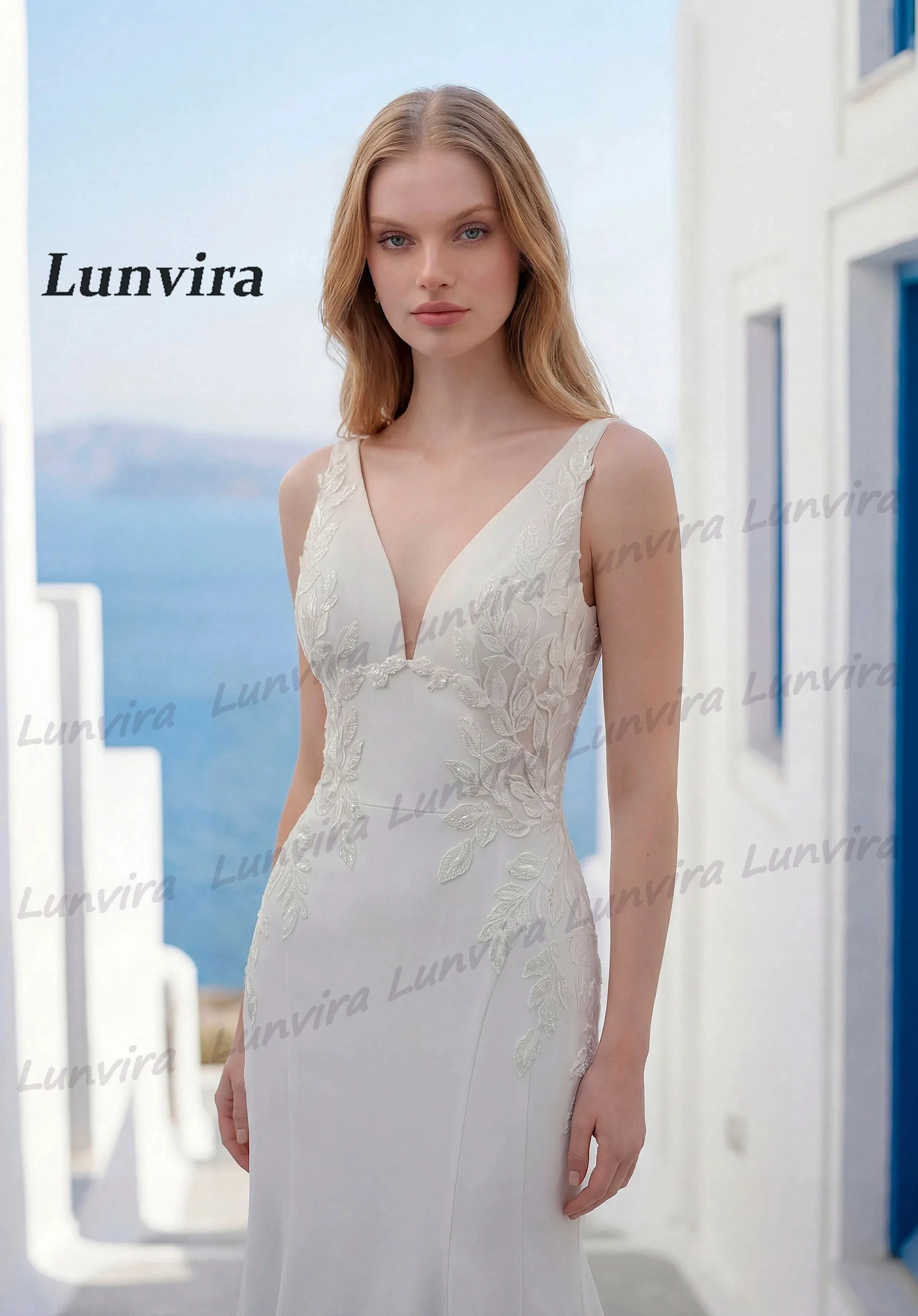 Lunvira Trendy V-neck Wedding Dress Backless Satin Lace Appliques Mermaid Sleeveless Vestidos De Novia Customized Plus Size