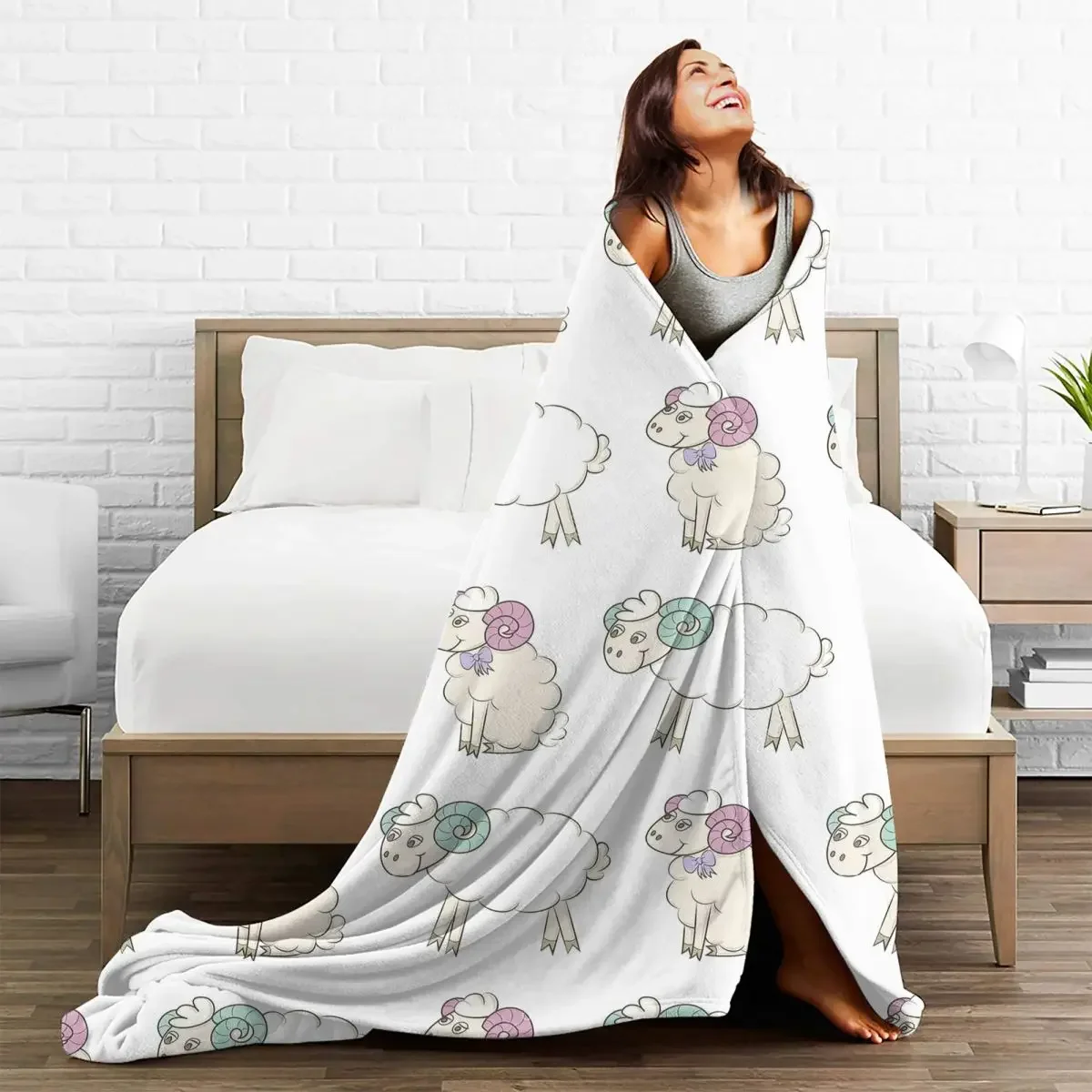

Cartoon Sheep Baby Blankets Coral Fleece Plush Spring Autumn Animal Cute Soft Multifunction Throw for Home Outdoor Bedspread