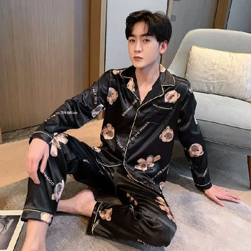 

New Plus Fat Size Silk Cardigan Home Suit Spring Autumn Ice Silk Long Sleeve Loose Sleepwear Sets Foreign Trade Men's Pajamas