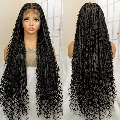 36 Inches Long Boho Braided Wigs with Baby Hair Synthetic Full Lace Knotless Box Braiding Wig with Curly Lace Frontal Wig