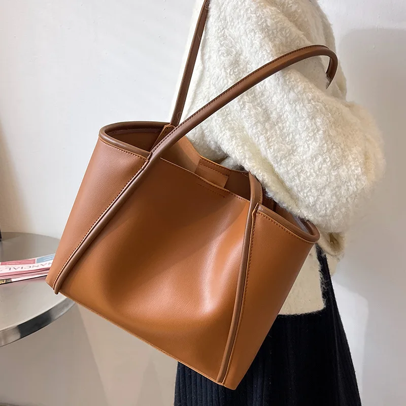 Autumn Winter Retro Women Tote Bag Classic Texture Versatile Female One-Shoulder Bag PU Leather Solid Simple Large Capacity Bags