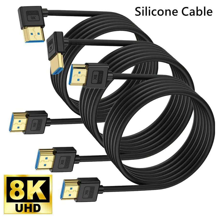 Silicone HDMI Micro Mini Compatível HDMI 2.1V Cabo Cotovelo Fio Fino Flexível Suporta 16K 60Hz Resolução 8K 60Hz 4K 240HZ 5K
