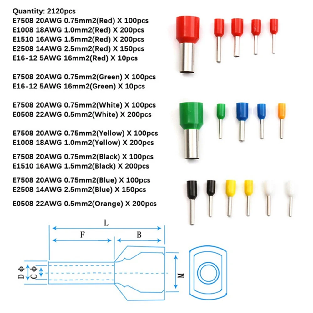 Extensive 2120PCS Tubular Terminal Block Combination Set with Insulated Cold Pressed Terminals for Reliable Wiring Setup