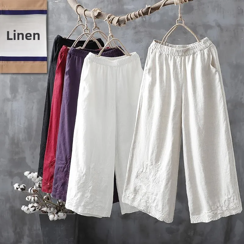 

Прямые брюки из хлопка и льна с высокой талией и вышивкой, повседневные брюки больших размеров, женские широкие брюки со свободной талией, весенняя мода