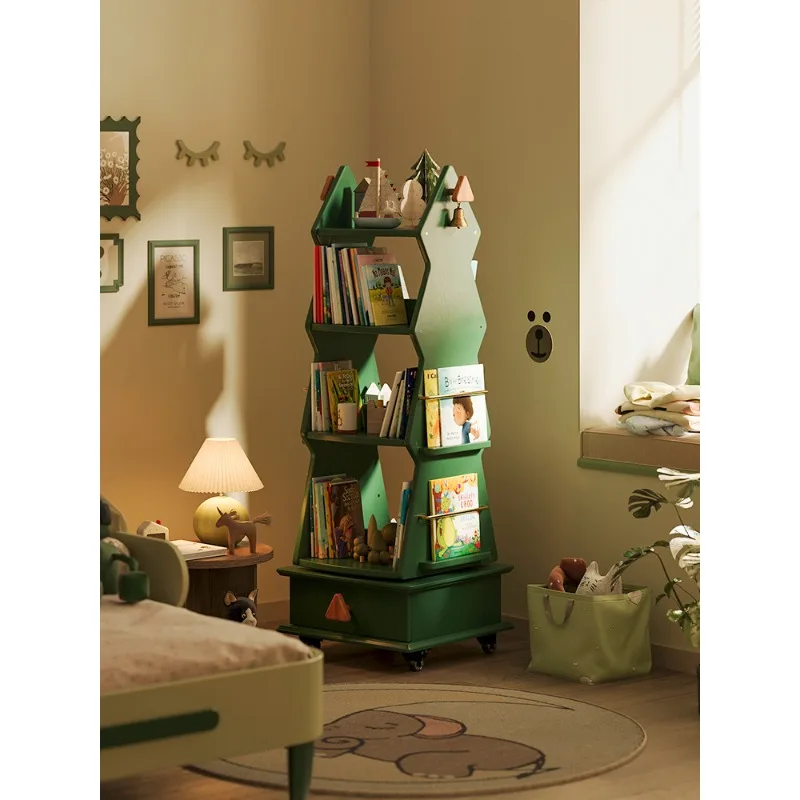 

360-Degree rotating bookshelf Children's home multi-layer storage rack Movable floor shelf Creative picture book shelf