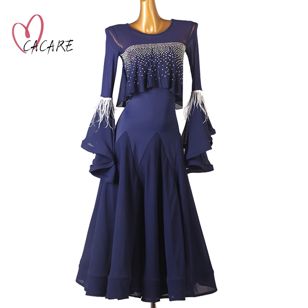 

CACARE Ballroom Dance Competition Dresses Standard Dance Dress Costume Tango Latin Customize D1286 Mesh Sleeve Big Hem