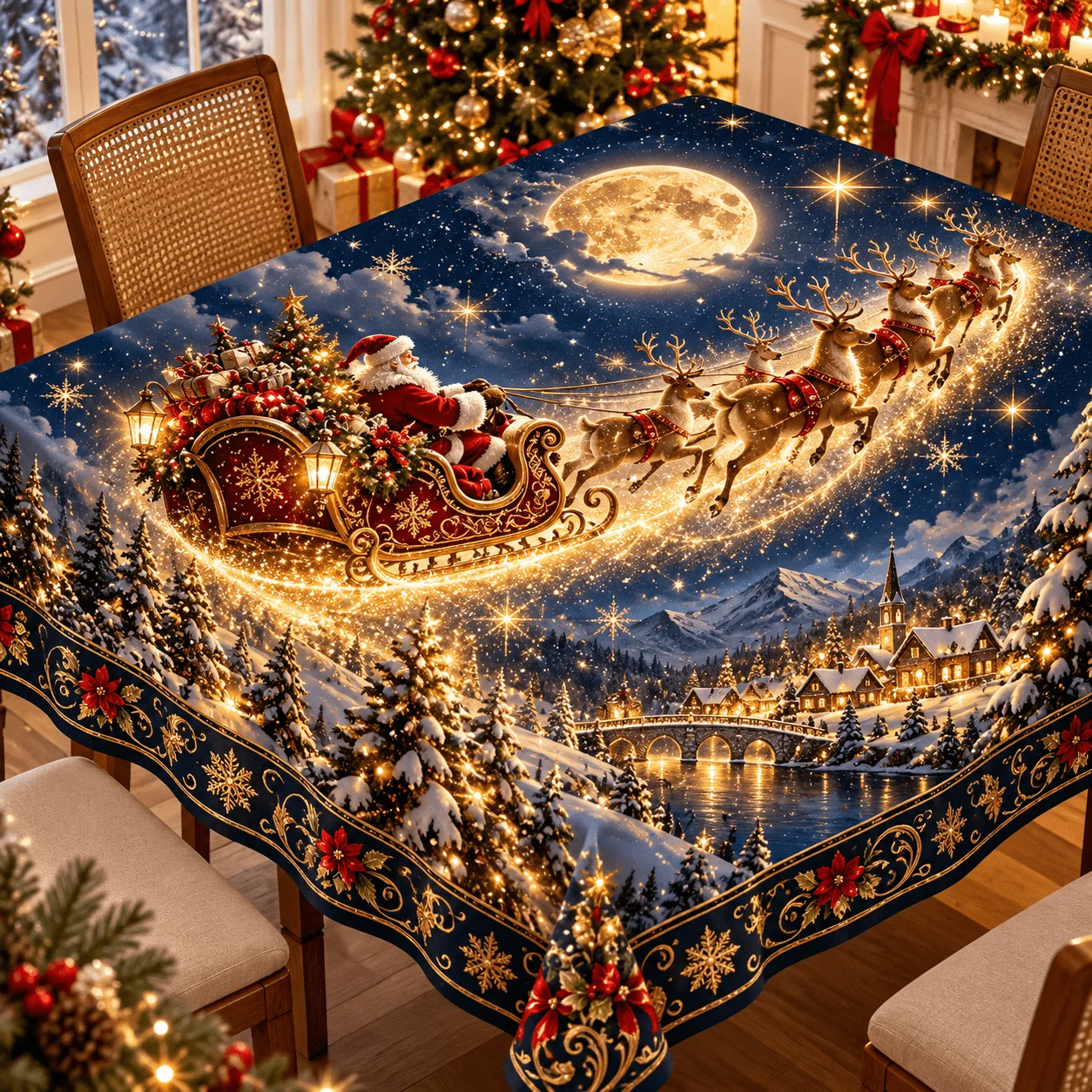 1 square tablecloth, Santa Claus elk sleigh print polyester tablecloth, dream starry sky moon snow pattern