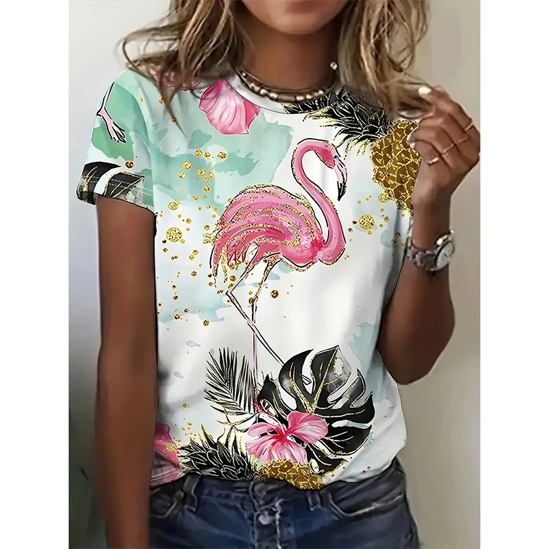 Fashion Flamingo 3D Print T-Shirts Women New Casual O-Neck Short Sleeve T Shirt Y2k Harajuku Oversized Tees Tops Female Clothing